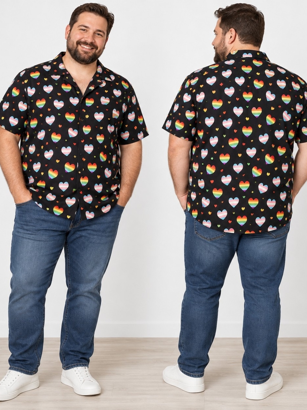 Pride 2X Rainbow Heart Button-Up Shirt Pridecore Rainbowcore Contemporary Casual